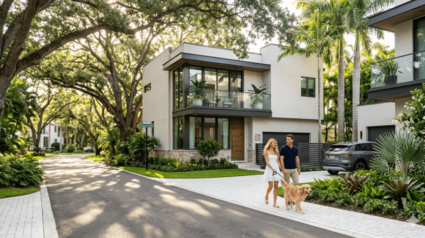 Realistic street view of a luxury home in Victoria Park, Fort Lauderdale, featuring lush tree canopies and modern architecture.