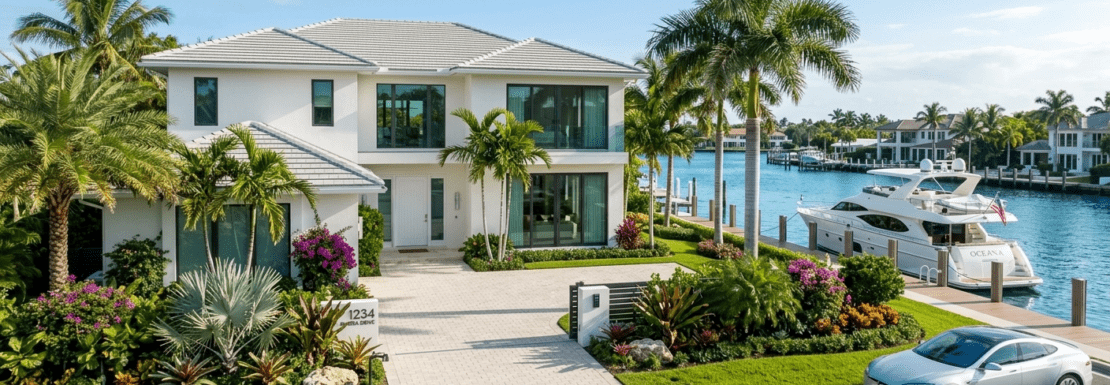 Realistic view of a luxury waterfront estate in the guard-gated Bermuda Riviera community of Fort Lauderdale.