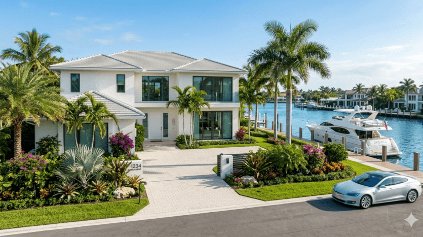Realistic view of a luxury waterfront estate in the guard-gated Bermuda Riviera community of Fort Lauderdale.