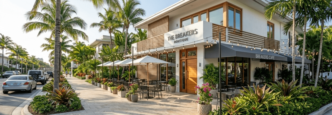Realistic street-level view of Breakers Avenue in North Beach Village, showing mid-century modern architecture and walkable boutique lifestyle in Fort Lauderdale.