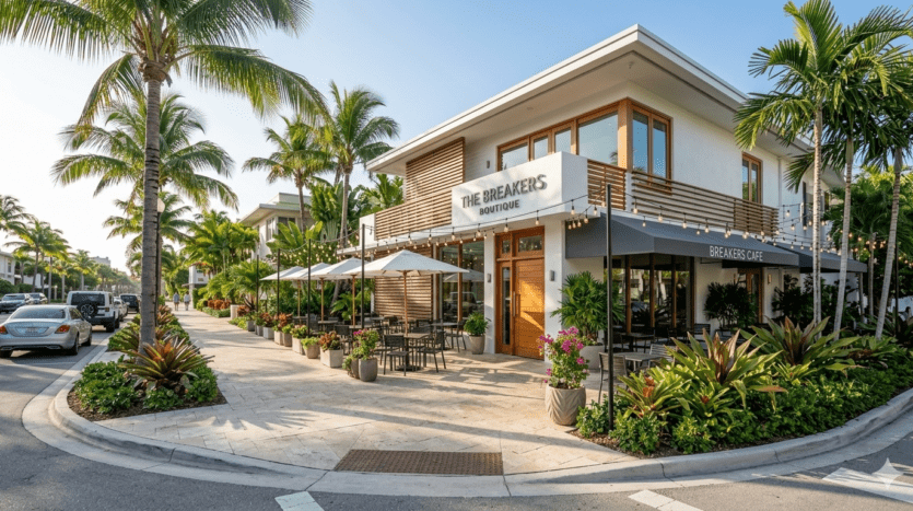 Realistic street-level view of Breakers Avenue in North Beach Village, showing mid-century modern architecture and walkable boutique lifestyle in Fort Lauderdale.