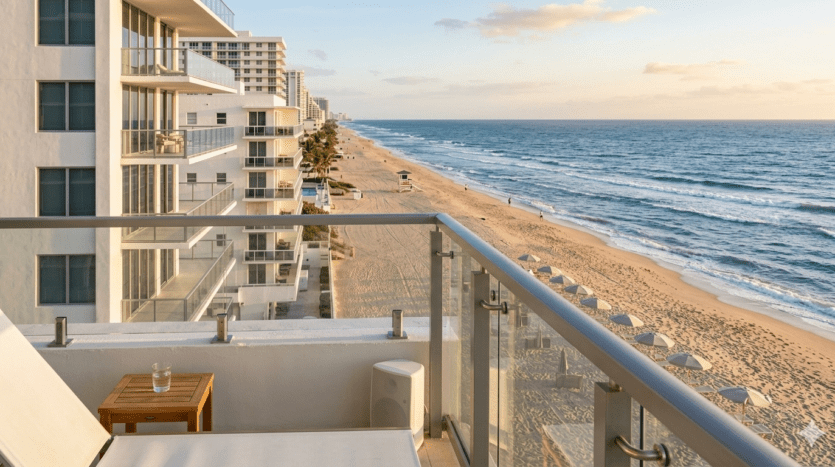 Realistic balcony view from a Galt Ocean Mile high-rise in 2026, overlooking the Atlantic Ocean and the line of luxury beachfront condominiums in Fort Lauderdale.