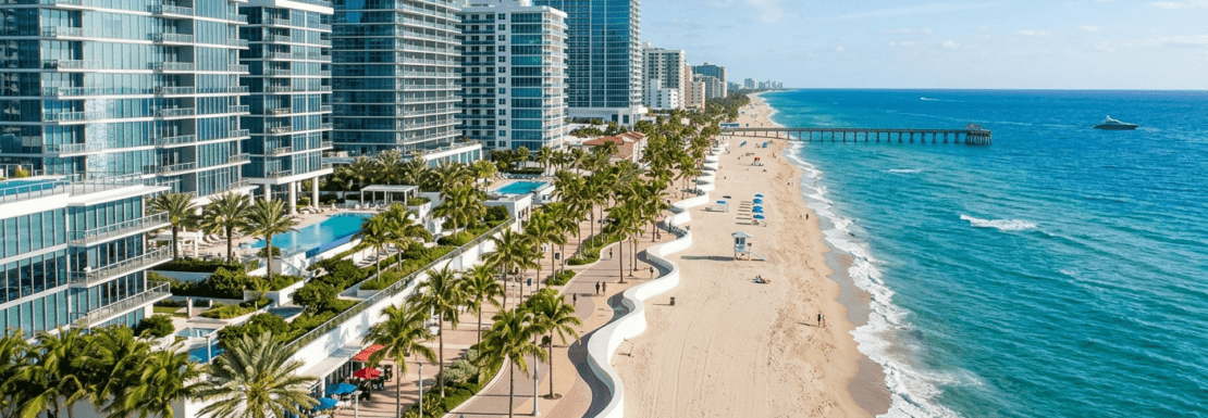 Realistic aerial view of the Fort Lauderdale Central Beach coastline in 2026, featuring luxury residences and the iconic wave wall.