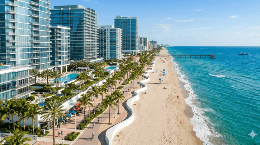 Realistic aerial view of the Fort Lauderdale Central Beach coastline in 2026, featuring luxury residences and the iconic wave wall.