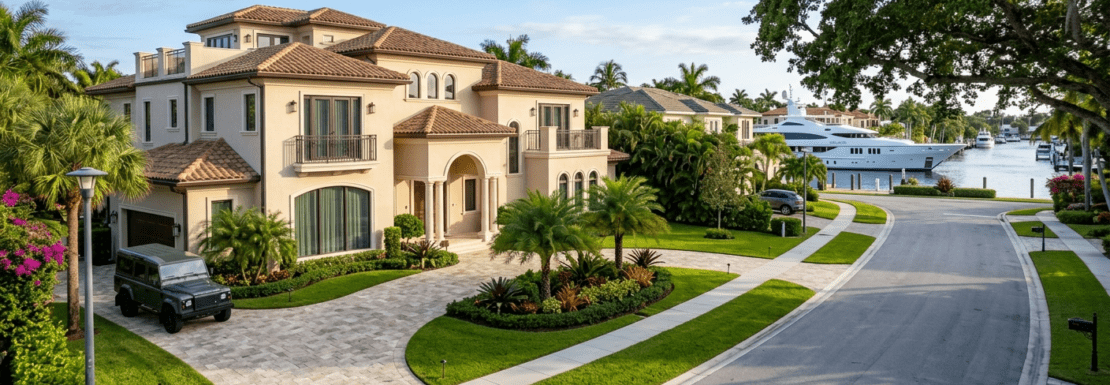 Realistic view of a luxury estate in Coral Ridge, Fort Lauderdale, showing waterfront access and upscale suburban architecture.