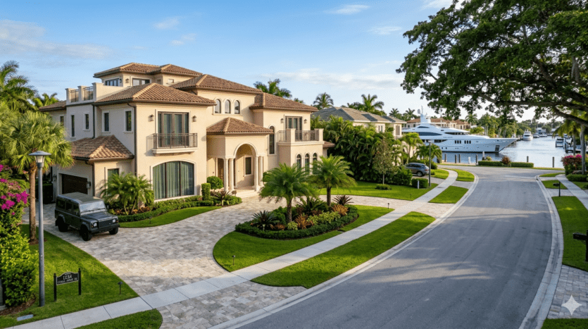 Realistic view of a luxury estate in Coral Ridge, Fort Lauderdale, showing waterfront access and upscale suburban architecture.