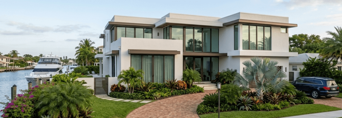 Realistic architectural photograph of a modern waterfront estate in Bermuda Riviera, Fort Lauderdale, featuring deep-water dockage and coastal landscaping.