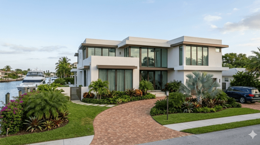 Realistic architectural photograph of a modern waterfront estate in Bermuda Riviera, Fort Lauderdale, featuring deep-water dockage and coastal landscaping.