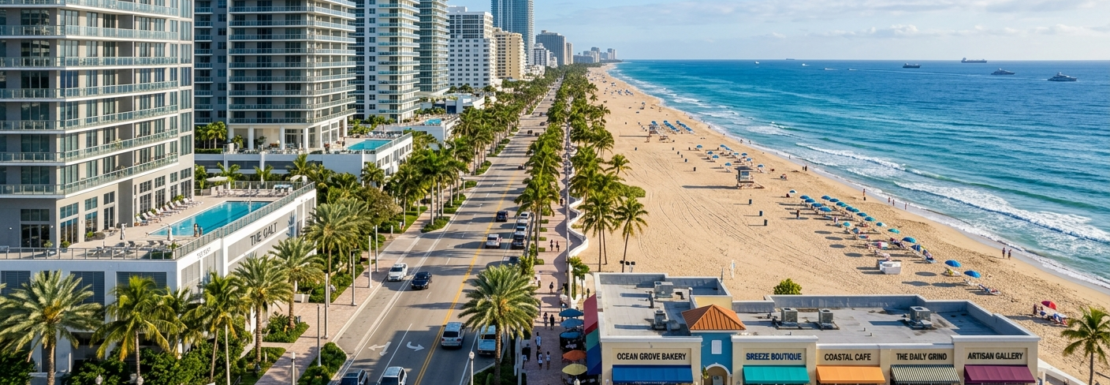 Realistic aerial view of the Galt Ocean Mile beachfront and luxury high-rise condominiums in Fort Lauderdale.