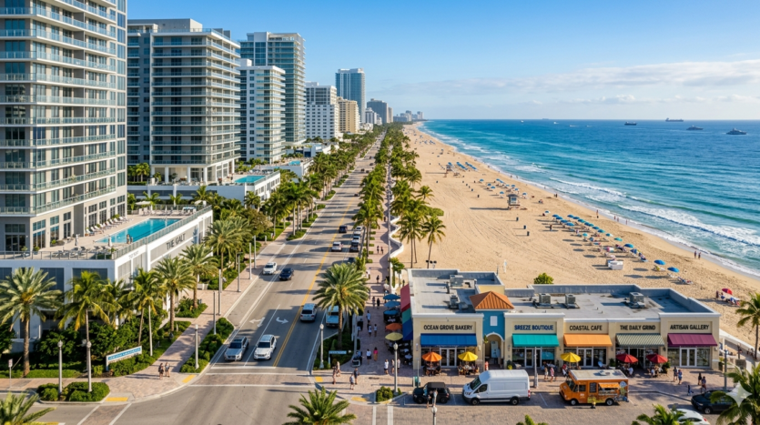 Realistic aerial view of the Galt Ocean Mile beachfront and luxury high-rise condominiums in Fort Lauderdale.