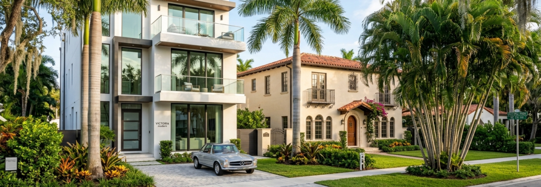 Realistic street view of diverse architecture and lush landscaping in the Victoria Park neighborhood of Fort Lauderdale.