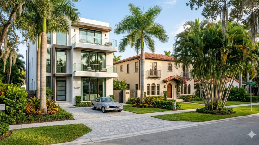 Realistic street view of diverse architecture and lush landscaping in the Victoria Park neighborhood of Fort Lauderdale.