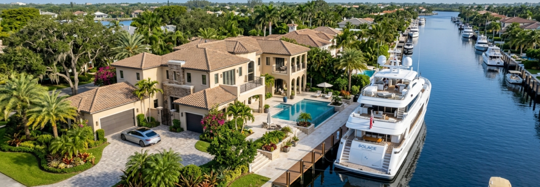 Realistic view of a luxury waterfront estate and private yacht dockage in The Landings neighborhood of Fort Lauderdale.