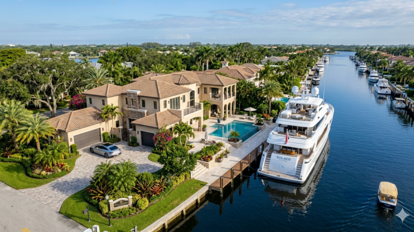 Realistic view of a luxury waterfront estate and private yacht dockage in The Landings neighborhood of Fort Lauderdale.