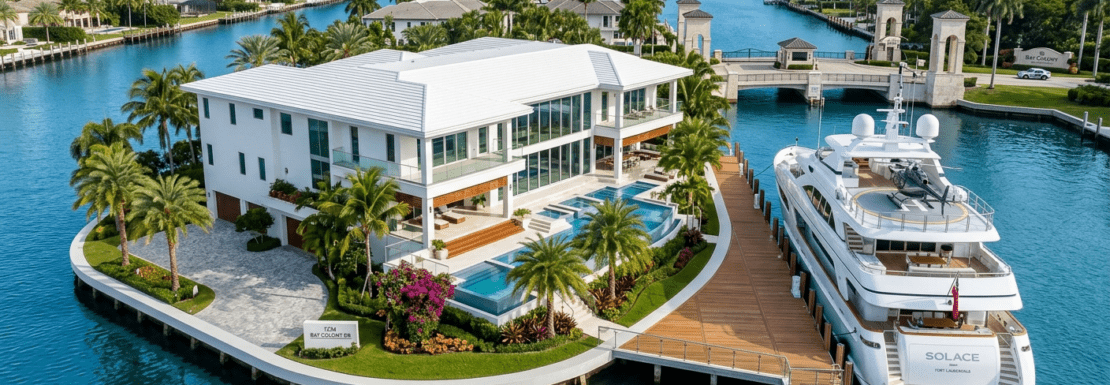 Realistic aerial view of an ultra-luxury mega-yacht estate in the guard-gated Bay Colony neighborhood of Fort Lauderdale.