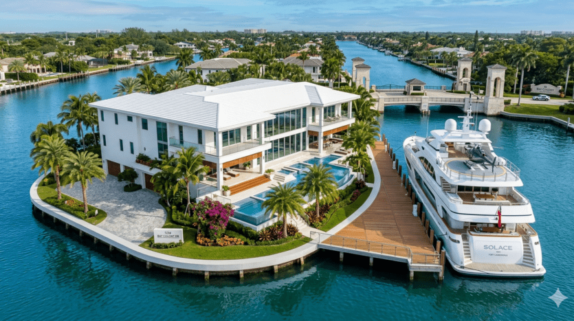 Realistic aerial view of an ultra-luxury mega-yacht estate in the guard-gated Bay Colony neighborhood of Fort Lauderdale.