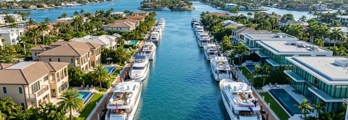 Realistic aerial view of the luxury finger islands and deep-water yacht dockage in Las Olas Isles, Fort Lauderdale.