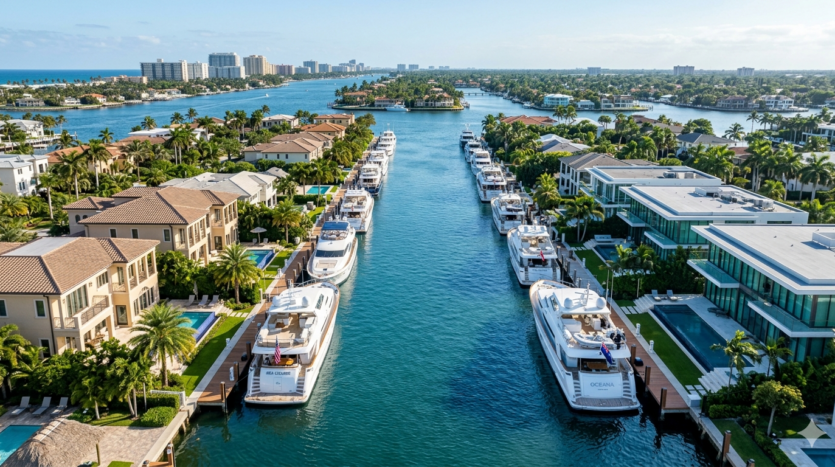 Realistic aerial view of the luxury finger islands and deep-water yacht dockage in Las Olas Isles, Fort Lauderdale.
