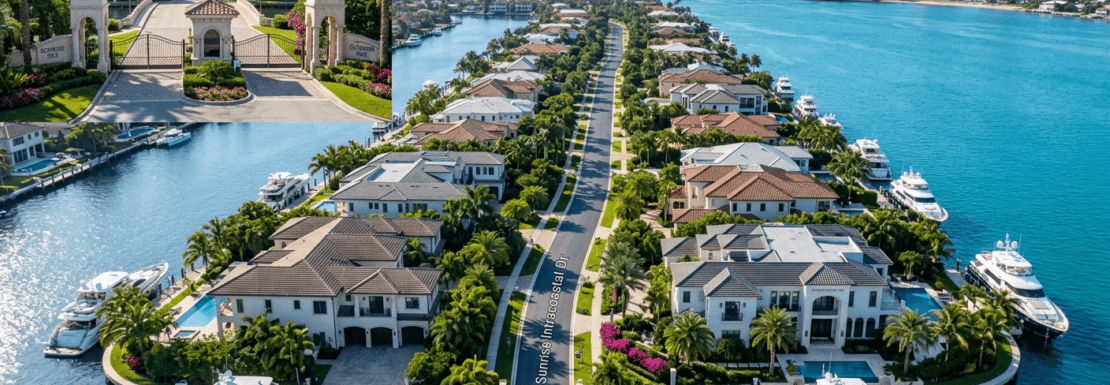 Realistic aerial view of luxury waterfront estates and deep-water dockage in the gated Sunrise Intracoastal neighborhood of Fort Lauderdale.