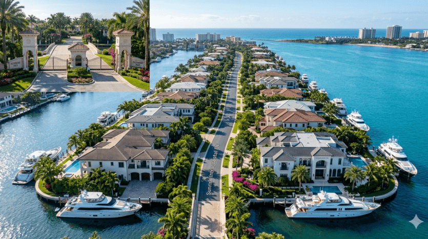 Realistic aerial view of luxury waterfront estates and deep-water dockage in the gated Sunrise Intracoastal neighborhood of Fort Lauderdale.