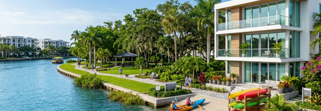 Realistic view of riverfront living and modern homes in the Tarpon River neighborhood of Fort Lauderdale.