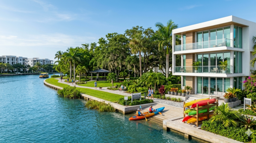 Realistic view of riverfront living and modern homes in the Tarpon River neighborhood of Fort Lauderdale.
