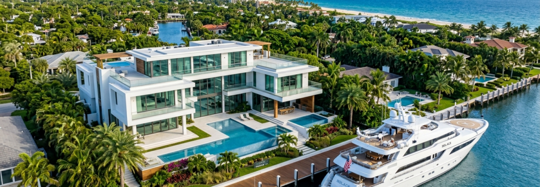 Realistic view of luxury deep-water estates and yacht dockage in the Bermuda Riviera neighborhood of Fort Lauderdale.