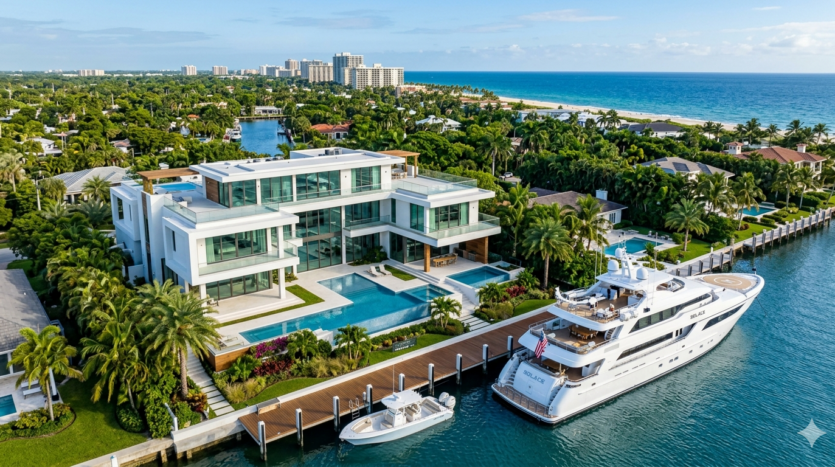 Realistic view of luxury deep-water estates and yacht dockage in the Bermuda Riviera neighborhood of Fort Lauderdale.