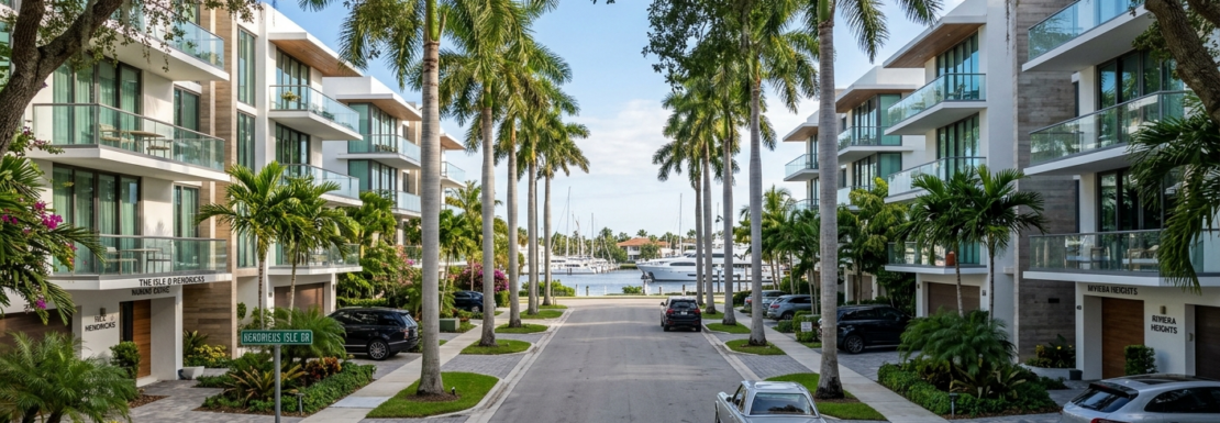 Realistic view of luxury boutique condominiums and waterfront dockage on Hendricks Isle in Fort Lauderdale.