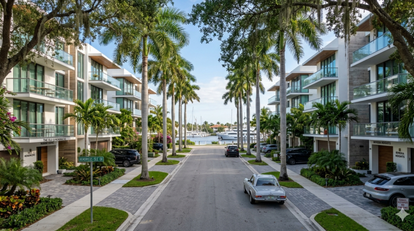 Realistic view of luxury boutique condominiums and waterfront dockage on Hendricks Isle in Fort Lauderdale.