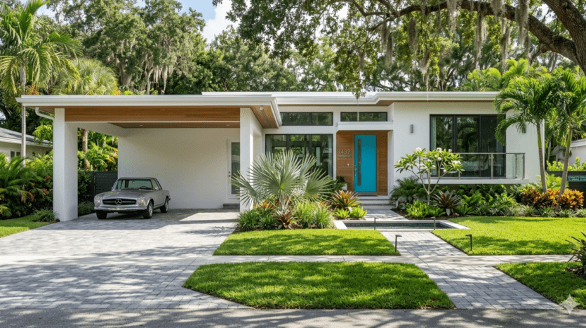 Realistic view of a renovated mid-century modern home in the Poinsettia Heights neighborhood of Fort Lauderdale.