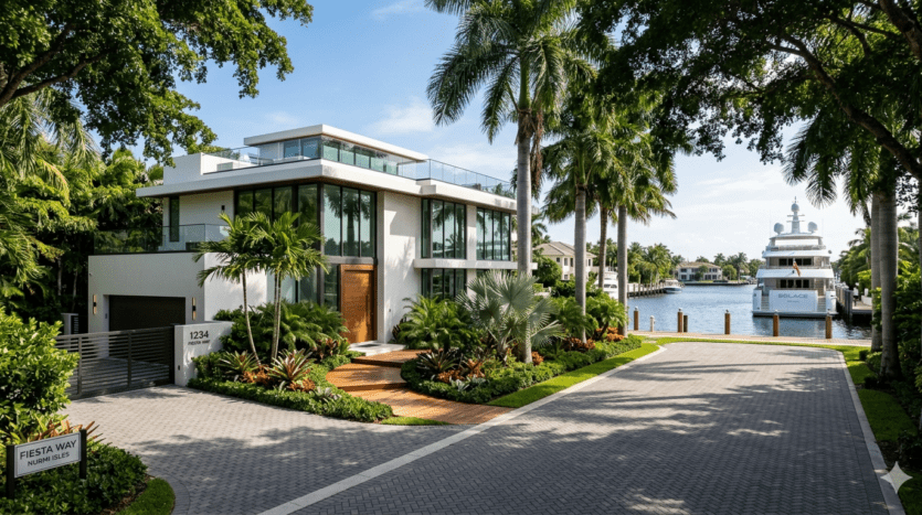 Realistic view of luxury waterfront estates and deep-water dockage in the Nurmi Isles neighborhood of Fort Lauderdale.