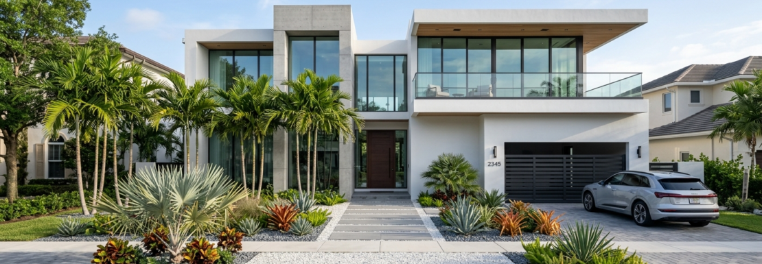 Realistic view of a new construction modern luxury home in the Lake Ridge neighborhood of Fort Lauderdale.