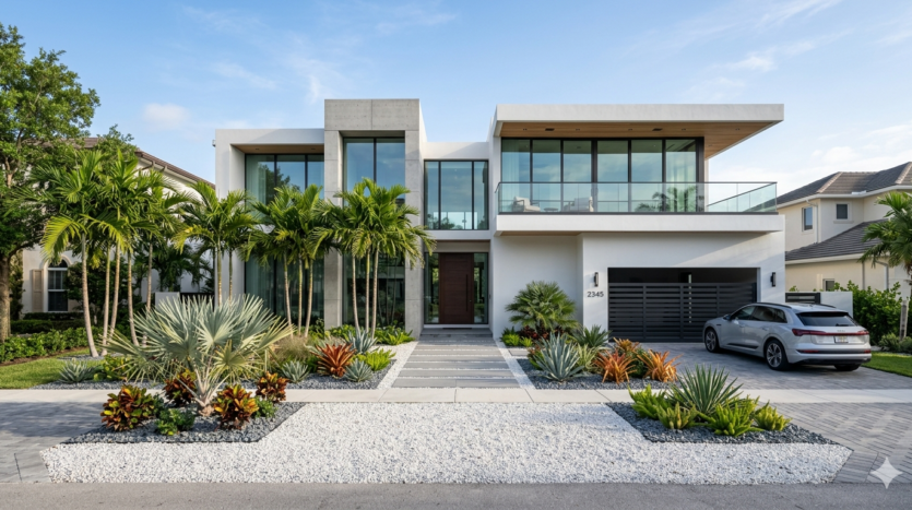 Realistic view of a new construction modern luxury home in the Lake Ridge neighborhood of Fort Lauderdale.