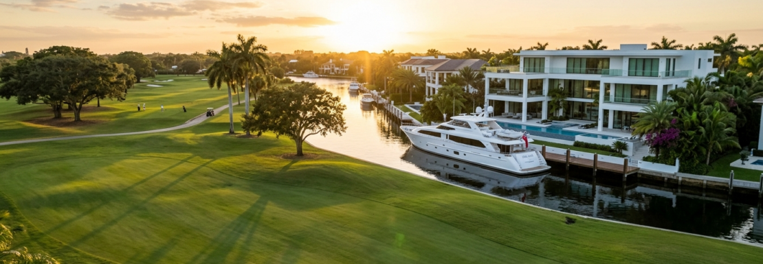 Realistic view of golf course frontage and waterfront luxury homes in the Coral Ridge neighborhood of Fort Lauderdale.