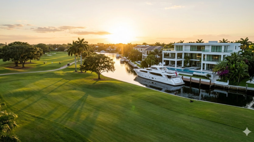 Realistic view of golf course frontage and waterfront luxury homes in the Coral Ridge neighborhood of Fort Lauderdale.