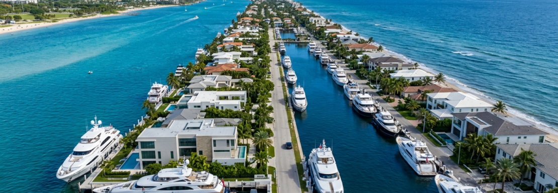 Realistic aerial view of luxury waterfront estates and deep-water canals in the Bermuda Riviera neighborhood of Fort Lauderdale.