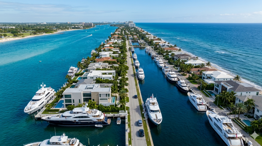 Realistic aerial view of luxury waterfront estates and deep-water canals in the Bermuda Riviera neighborhood of Fort Lauderdale.