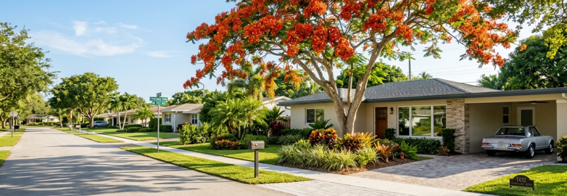 Realistic view of a charming family home and flowering trees in the Poinciana Park neighborhood of Fort Lauderdale.