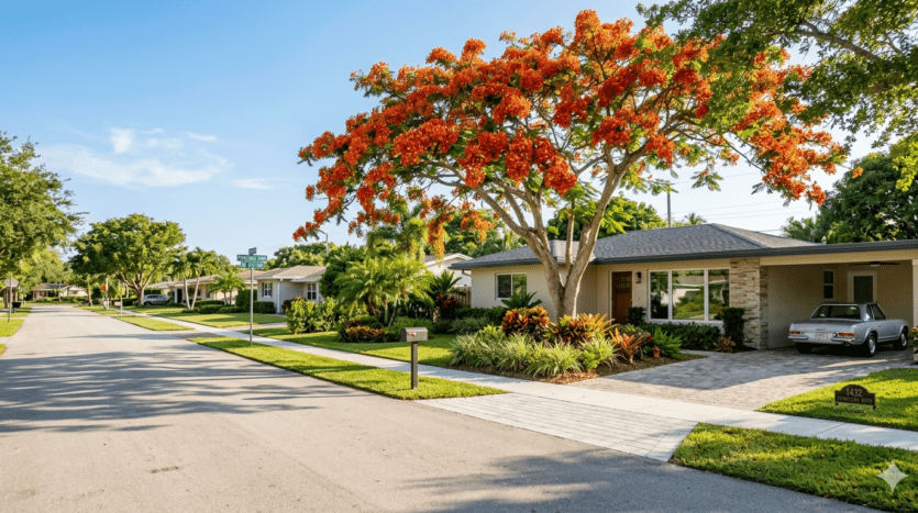 Realistic view of a charming family home and flowering trees in the Poinciana Park neighborhood of Fort Lauderdale.