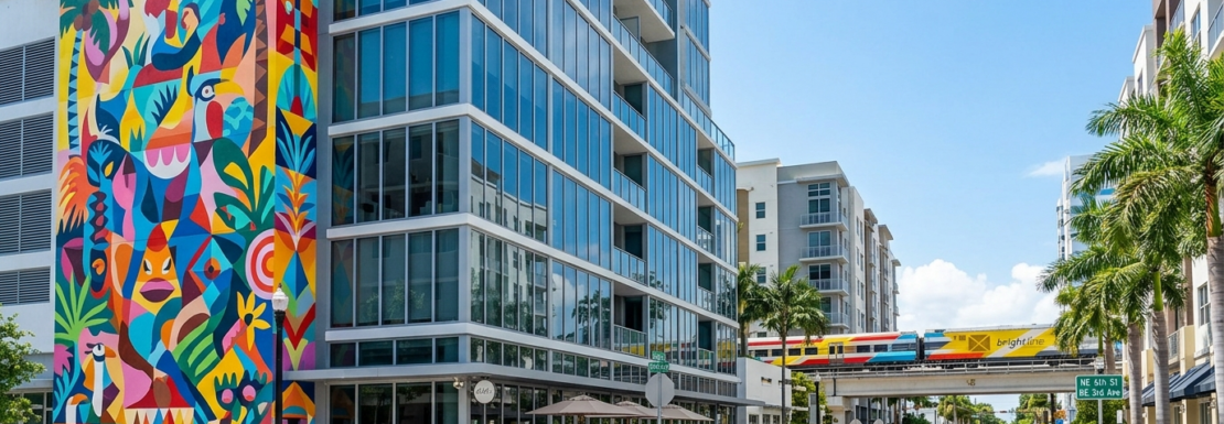 Realistic street view of colorful murals and modern luxury lofts in the Flagler Village neighborhood of Fort Lauderdale.