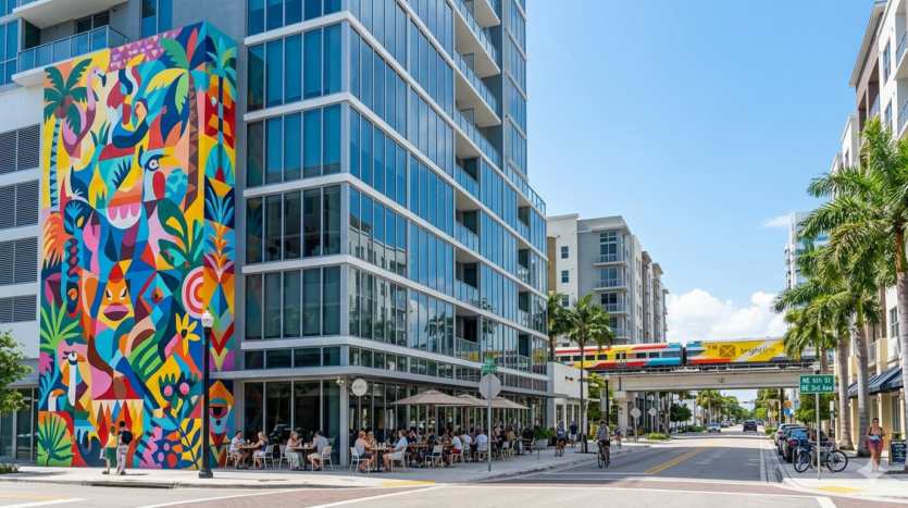 Realistic street view of colorful murals and modern luxury lofts in the Flagler Village neighborhood of Fort Lauderdale.