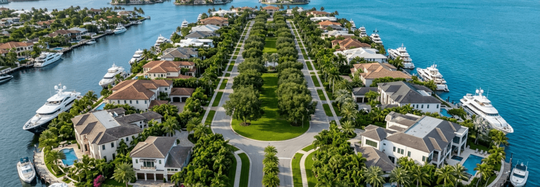 Realistic aerial view of luxury waterfront estates and deep-water dockage in the guard-gated Sunrise Key neighborhood of Fort Lauderdale.