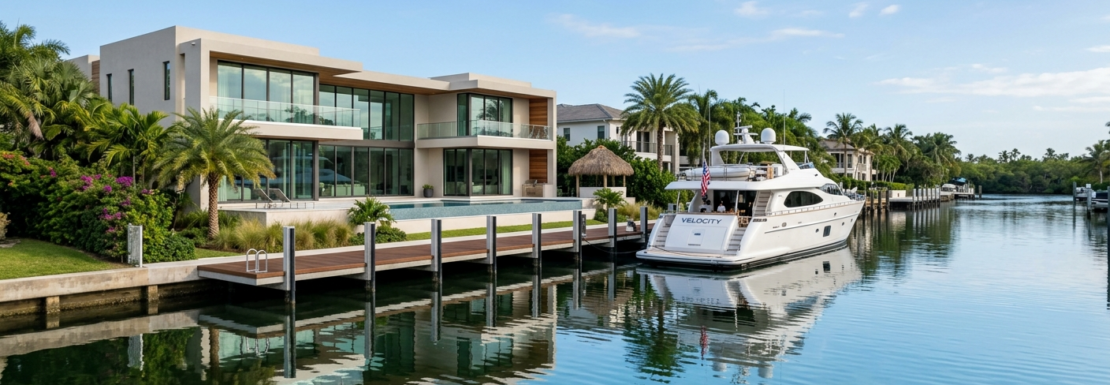 "Realistic view of luxury deep-water estates and private yacht dockage in the Bermuda Riviera neighborhood of Fort Lauderdale."