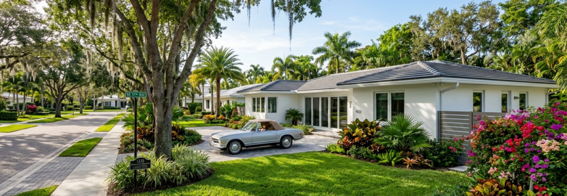 "Realistic view of renovated mid-century homes and lush landscaping in the Poinsettia Heights neighborhood of Fort Lauderdale."