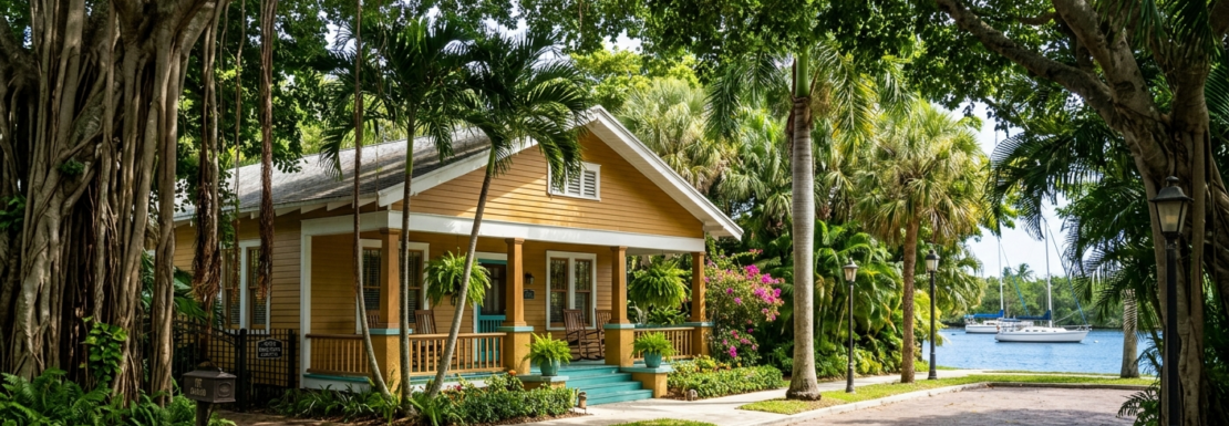 "Realistic view of historic tropical bungalows and native tree canopies in the Sailboat Bend neighborhood of Fort Lauderdale."