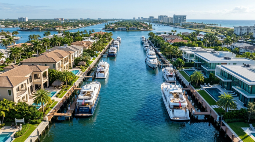 Realistic aerial view of the luxury finger islands and deep-water yacht dockage in Las Olas Isles, Fort Lauderdale.