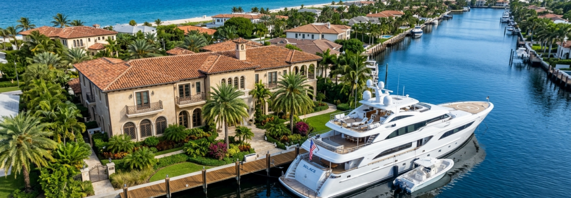 Aerial view of luxury waterfront estates and mega-yachts in the gated Harbor Beach community of Fort Lauderdale.