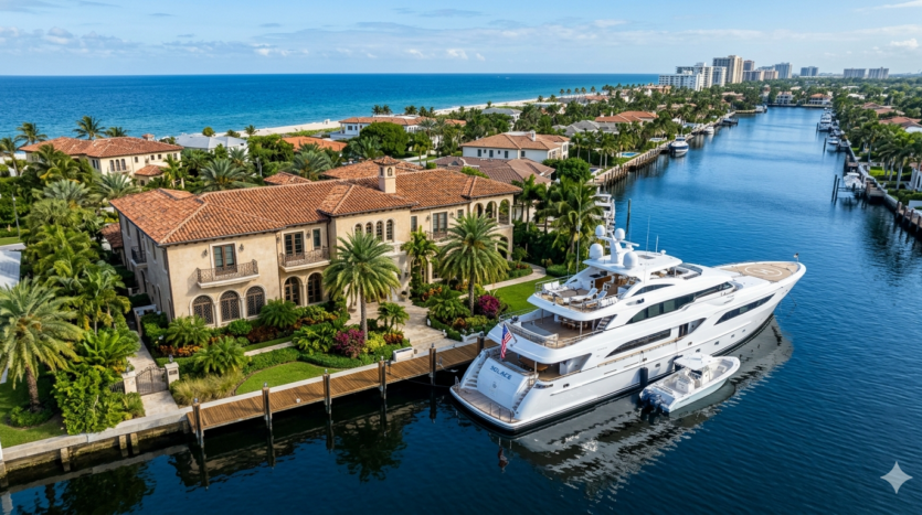 Aerial view of luxury waterfront estates and mega-yachts in the gated Harbor Beach community of Fort Lauderdale.