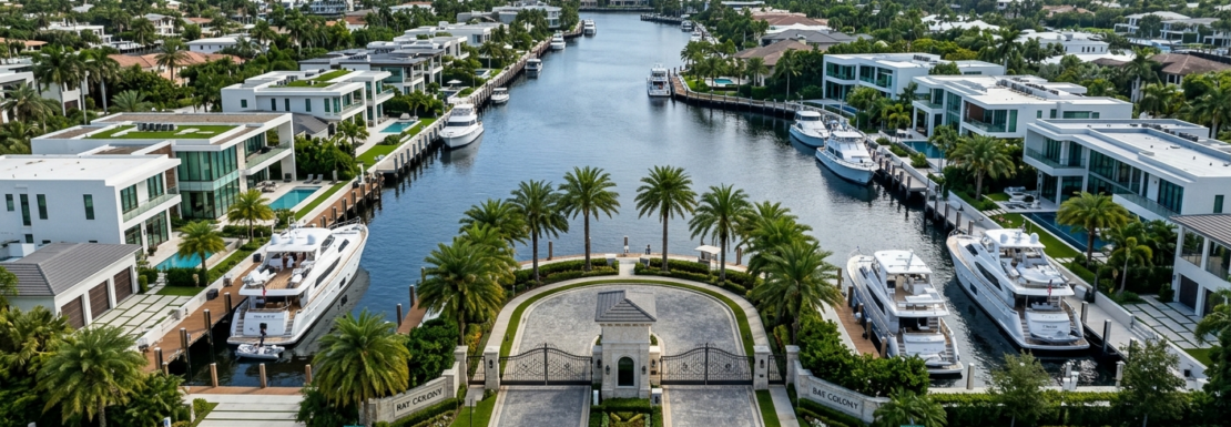 "Realistic aerial view of luxury waterfront estates and 24-hour guarded entry in the Bay Colony neighborhood of Fort Lauderdale."
